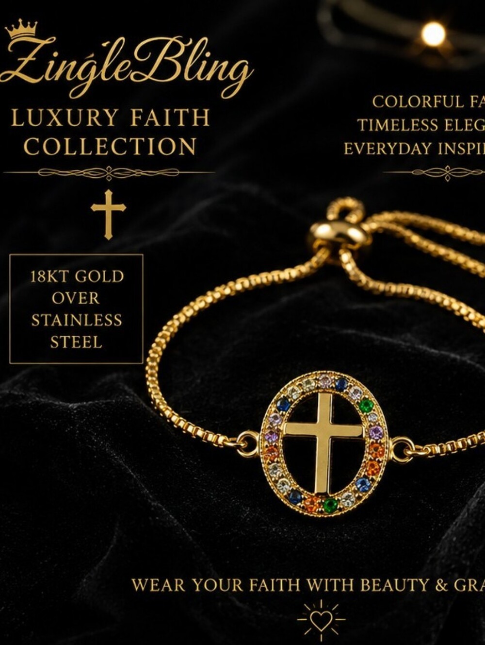 18K Gold Over Stainless Steel Cross Bolo Bracelet Multicolor CZ Adjustable Faith